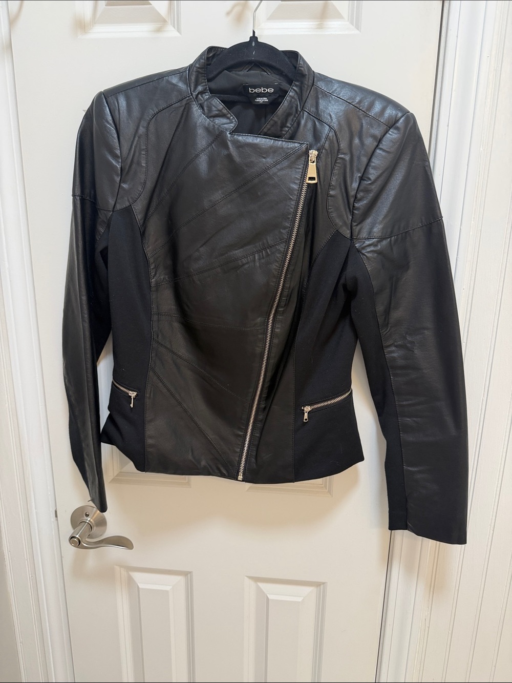 bebe Black Asymmetrical Zip Moto Jacket with Stretch Panels